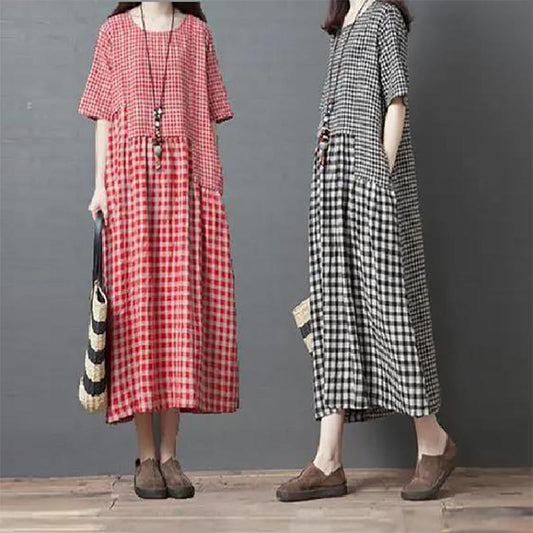 Cotton Literary Plaid Dress Women's Short-sleeved Summer Loose Large Size Was Thin Retro Mid-length Dress