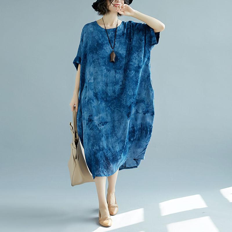 WTEMPO  Short Batwing Sleeve Cotton and Linen Round Neck Long Dress Casual Mid-calf Length Plus Size Ladies Dress Summer