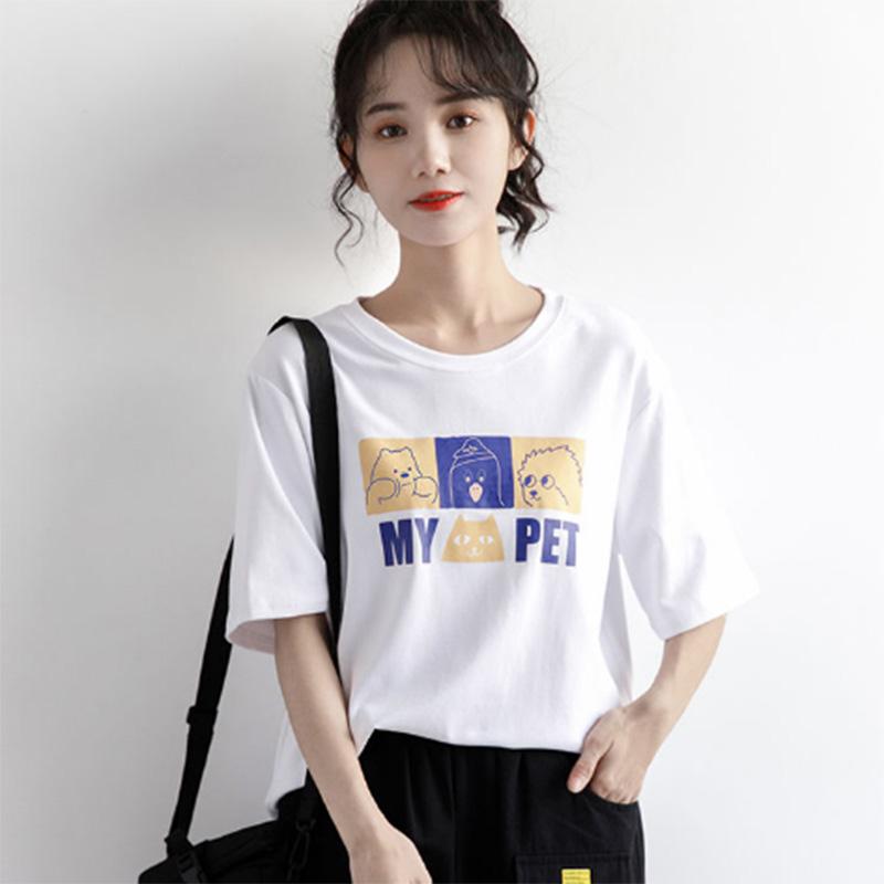 100% Cotton Summer Thin Hong Kong Style Short Short Sleeve T-shirt Women Cartoon Printing Solid Color Short Top