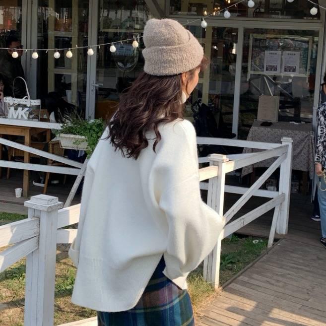 Winter Thick Solid Color Turtleneck Sweater Women Loose Pullover Wild Split Knit Jacket