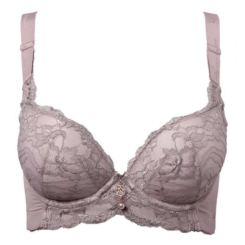 Ladies Sexy Lace Thick Padded Cup Underwear Women's Comfortable Adjustable Steel Ring Gathering Bra Female Elegant Lace Mesh Diamond Straps Brassiere