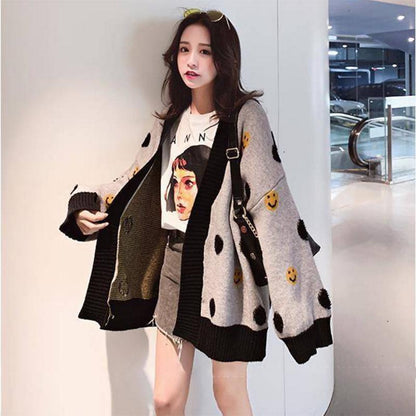 Cardigan Women V-Neck Sweater Smiley Face Cardigan Women Long Sleeve Loose Versatile Sweater Jacket