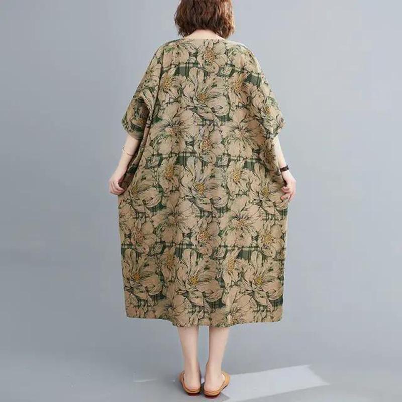 WTEMPO Plus Size Ladies Dress Summer 3/4 Sleeve Round Neck Long Dress Casual Bohemia Long Robe Mid-calf Length