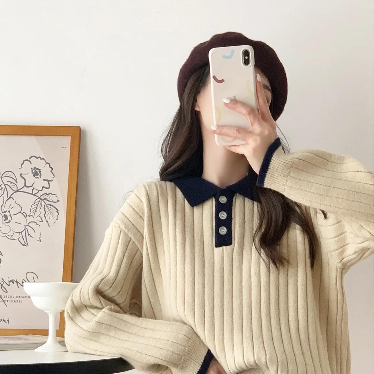 Women's Vertical Striped Solid Color Lapel Pullover Sweater Casual Loose Large Size Mid Length Knit Sweater