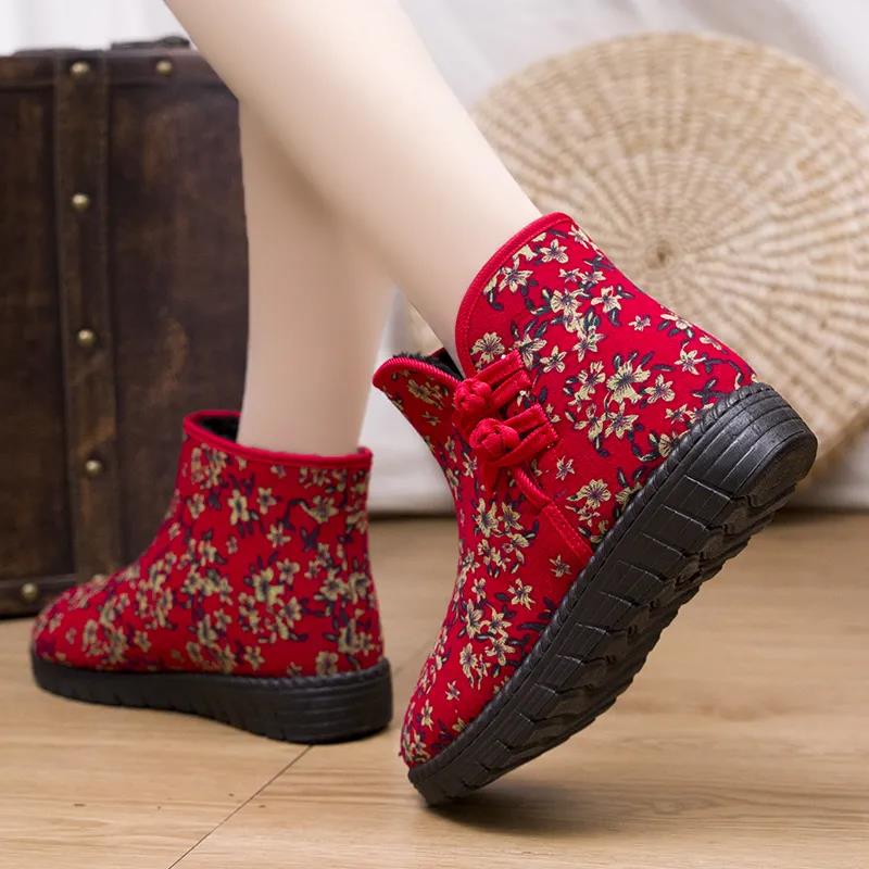 Winter Women  Cotton Shoes Plus Velvet Warm Non-slip Wear-resistant Ethnic Snow Boots Traditional Cotton Boots