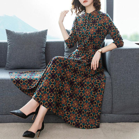Printed Round Neck Spring Long Sleeve Dress Elastic Slim Fit Belly Long Skirt with Pocket Skirt Simple Comfortable Mid-Length A-Line Skirt