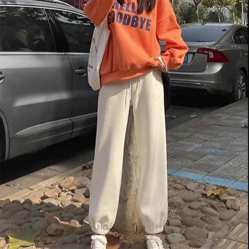 Plus Velvet Beige Sweatpants Women's Loose-fitting Nine-pointed Small Autumn and Winter Pants Thick Casual Straight-leg Harem Pants