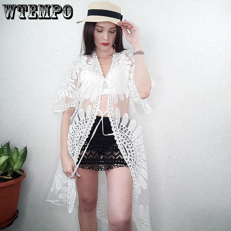 Perspective Hollow Blouse Women Cardigan Long Sleeved Female Summer Beach Loose Casual Soft Dress