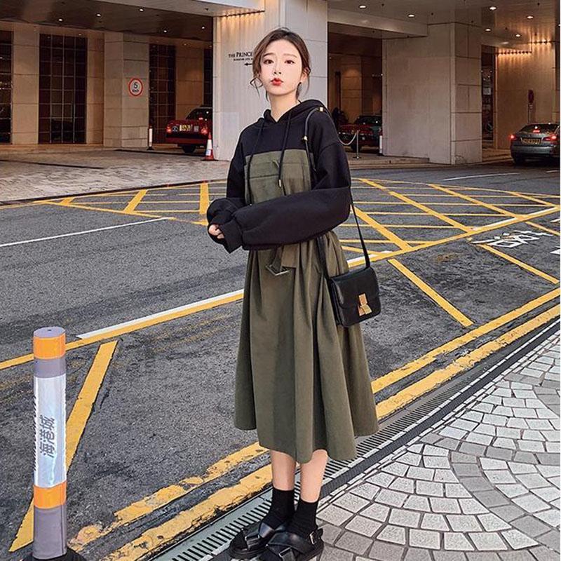 S-XXL Mid-calf Sweater Dress with Belt Women Spring and Autumn Plus Size Hooded Long Sleeve Loose Dress Thicken Cotton