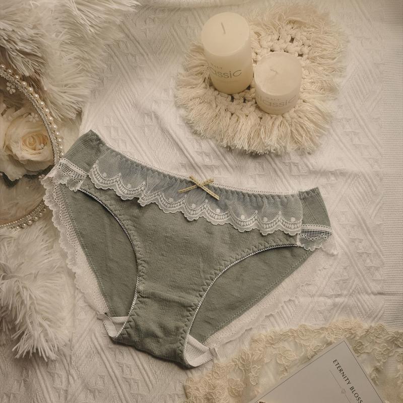Princess Style Ladies Panties Embroidered Lace Trim Contrast Color Bow Cotton Briefs Women