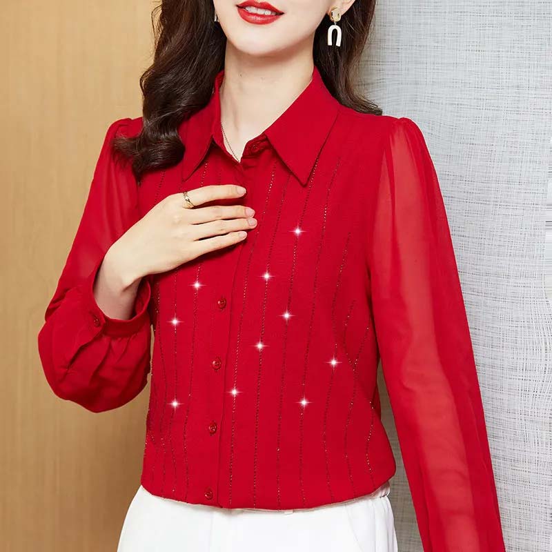 Rhinestone Chiffon Shirt Women's Long-sleeved Shirts Spring and Autumn Solid Color Lapel Mesh Blouse Temperament Button Up Lantern Sleeves Casual Tops