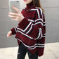 Women's Winter Large Size Versatile Striped Sweater Female Autumn Loose High Collar Long Sleeve Warm Knitted Pullover