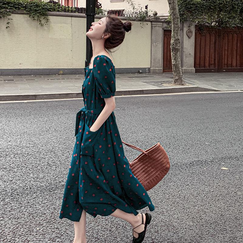 Dress Women's Waist Chiffon Over The Knee Square Collar Retro Casual Fashion French Summer Skirt
