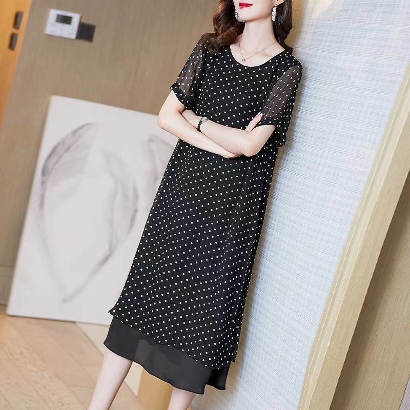 Feel Slippery Summer Black Loose Chiffon Short Sleeve Round Neck Loose Wave Point Dots Mid-length Skirt