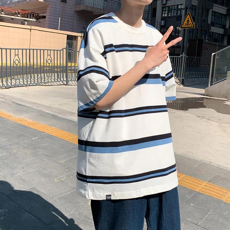 Striped T-shirt Men's Loose Large Size Summer Short-sleeved Shirt with Summer New Style Youth Short-sleeved