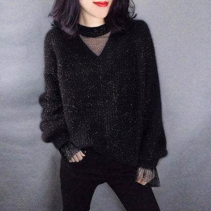 Black Lace Women Stitching Pullover Top Chiffon Autumn Casual Solid Loose Long Sleeve Crew Neck