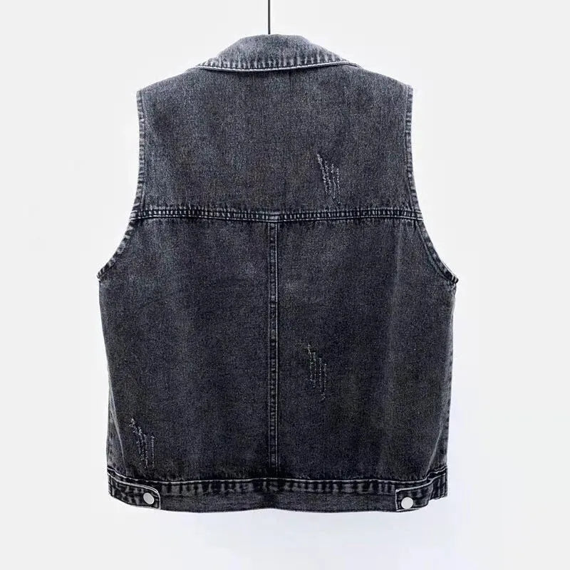Denim Vest Women's Spring Summer Simple Large Pockets Sleeveless Vest Coat All-match Large Size Loose Top Button Denim Cardigan