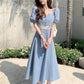 Women's Summer Solid Color Dress Square Neck Puff Sleeves Slim Over Knee Midi Dress