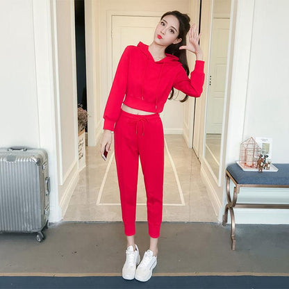 Fashion Solid Color Sports Casual Suit Women's Summer Thin Section Sports Long-sleeved Drawstring Hooded Two-piece Set for Women