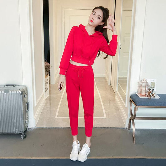 Fashion Solid Color Sports Casual Suit Women's Summer Thin Section Sports Long-sleeved Drawstring Hooded Two-piece Set for Women