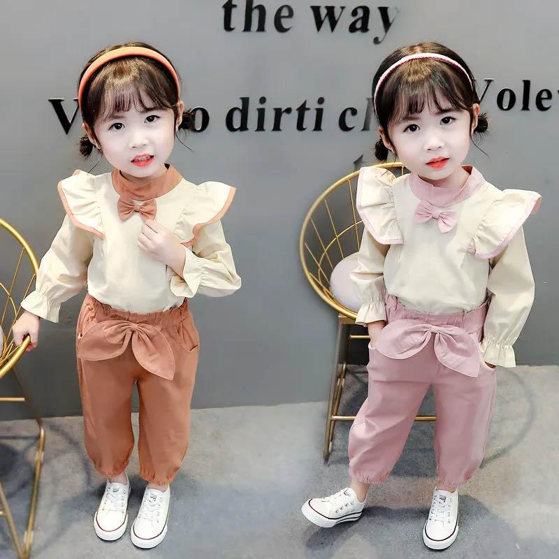 Children's Suits Girls Spring and Autumn Clothes Cute Bow Decoration Single-breasted Long-sleeved Comfortable Light and Breathable Two-piece Set