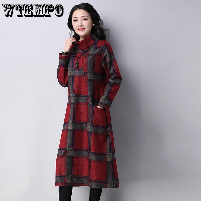 Plaid dress Long Sleeve Cotton Woolen Plus Size Vintage Women Casual Loose Autumn Winter Dress Elegant Clothes