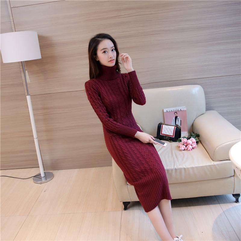 High Neck Long Sweater Autumn and Winter Over The Knee Retro Slim Bottoming Shirt Fashion Knitted Dress
