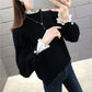 Plus Velvet Thick Warm Sweater Women  Ruffles Lace Stitching Collar Pullover Sweater Short Stretchable Slim Knitwear Jumper