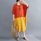 WTEMPO Plus Size Women Dress Summer Turn-down Collar Long Dress Casual Mid-calf Length Color Block Button