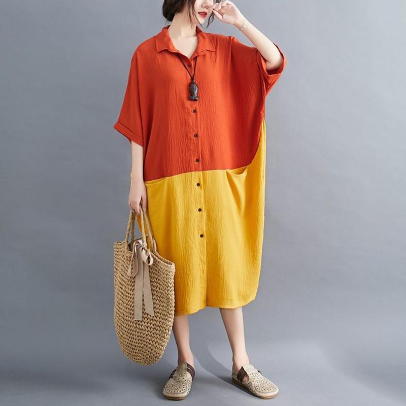 WTEMPO Plus Size Women Dress Summer Turn-down Collar Long Dress Casual Mid-calf Length Color Block Button