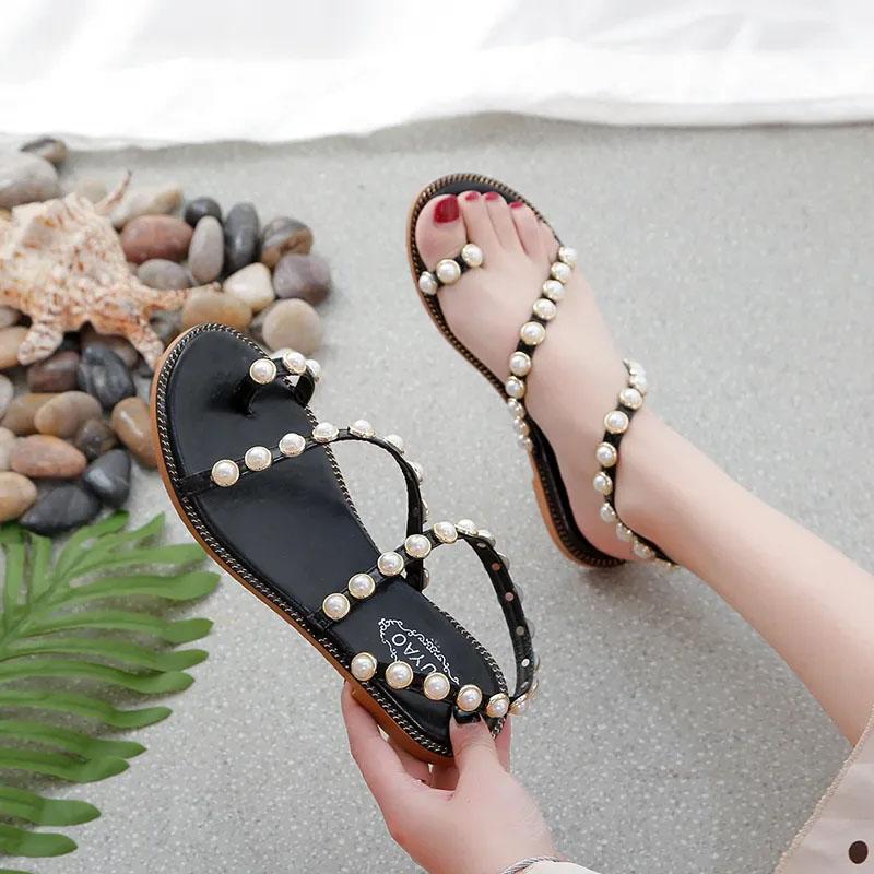 Korean Pearl Sandals Women's Summer Flat All-match Roman Sandals Elegant Vintage Temperament Sandals Comfortable and Non-slip