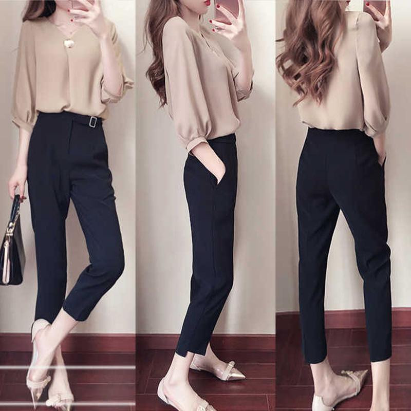 Work Suit V-neck Sleeve Shirt Temperament Suit Nine-point Pants Ladies Suit Casual Shirt Suit Pants Elegant and Temperament Work Suit