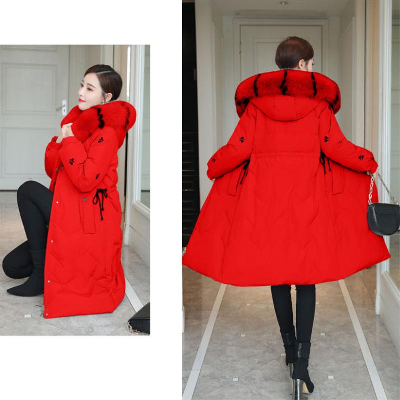 Women's Solid Color Embroidered Down Jacket Mid-length Korean Style Loose Thick Coat Warm Cotton Coat Large Fur Collar Winter Quilted Jacket