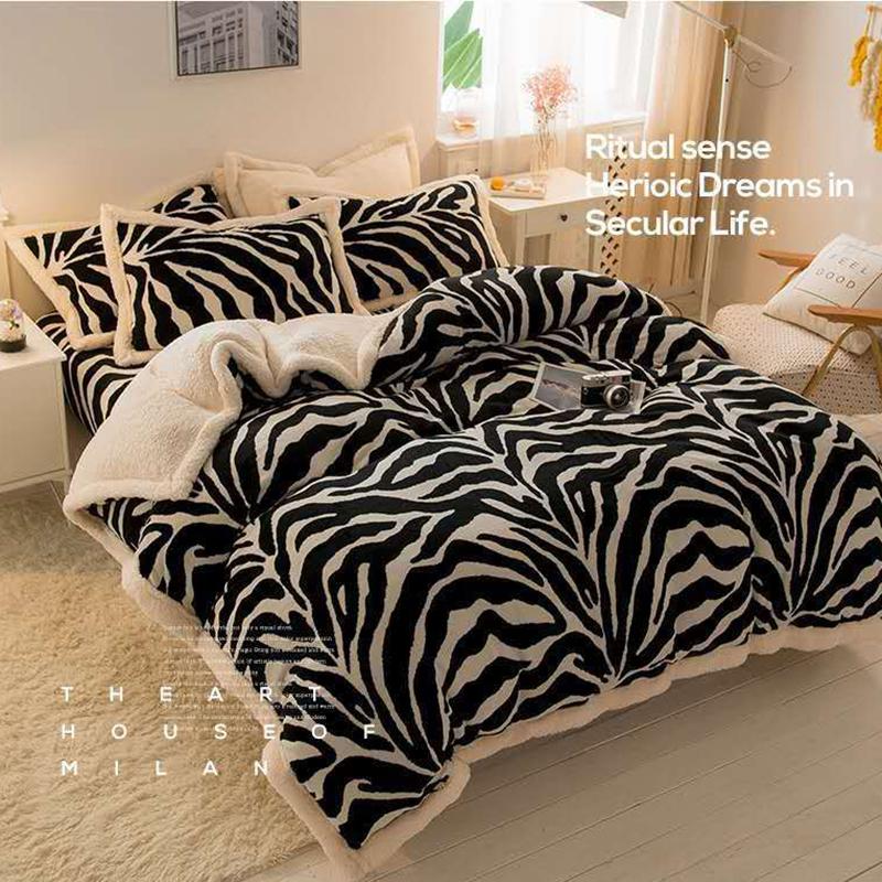 Household Milk Cashmere Lamb Cashmere Four-piece Coral Cashmere Bed Sheet Duvet Cover Winter Super Thick 4kg Double-sided Warm Flannel Bedding
