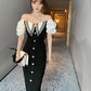 Women's Dress Summer Bubble Sleeve Slim Package Hip Dress Long Black Skirt V-neck Dress