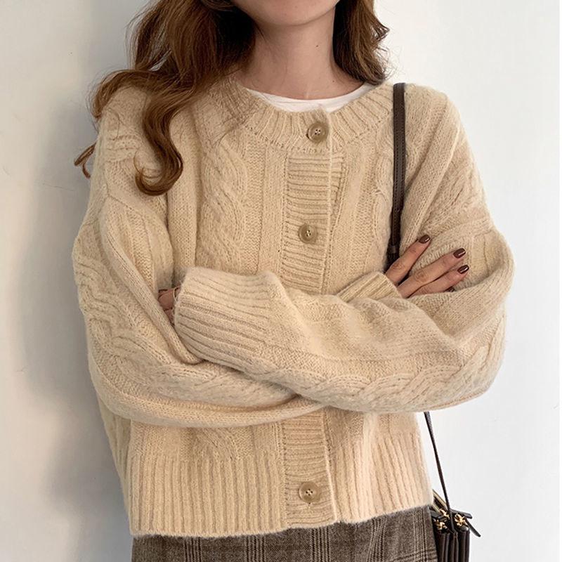 Soft Glutinous Cable Flower Loose Short Sweater Coat Female Twist Thick Needle Beige Knitted Cardigan Outer Wear