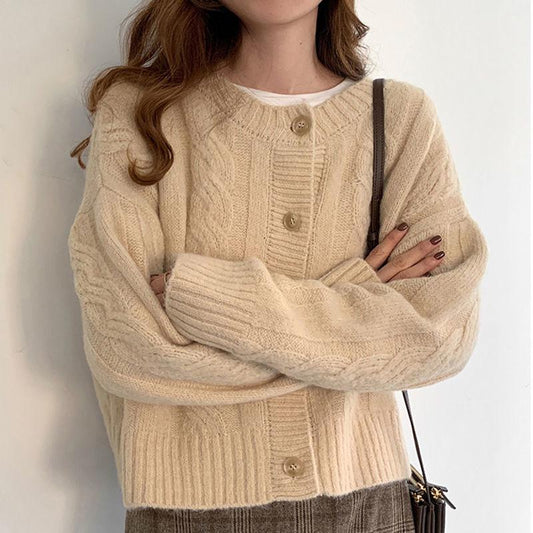 Soft Glutinous Cable Flower Loose Short Sweater Coat Female Twist Thick Needle Beige Knitted Cardigan Outer Wear