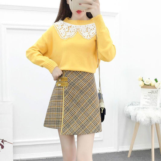 Autumn and Winter Sweater Suit Women Sweet Lace Stitching Knitted Sweater Top and Asymmetric Woolen A-line Skirt Two-piece Ladies Outfits