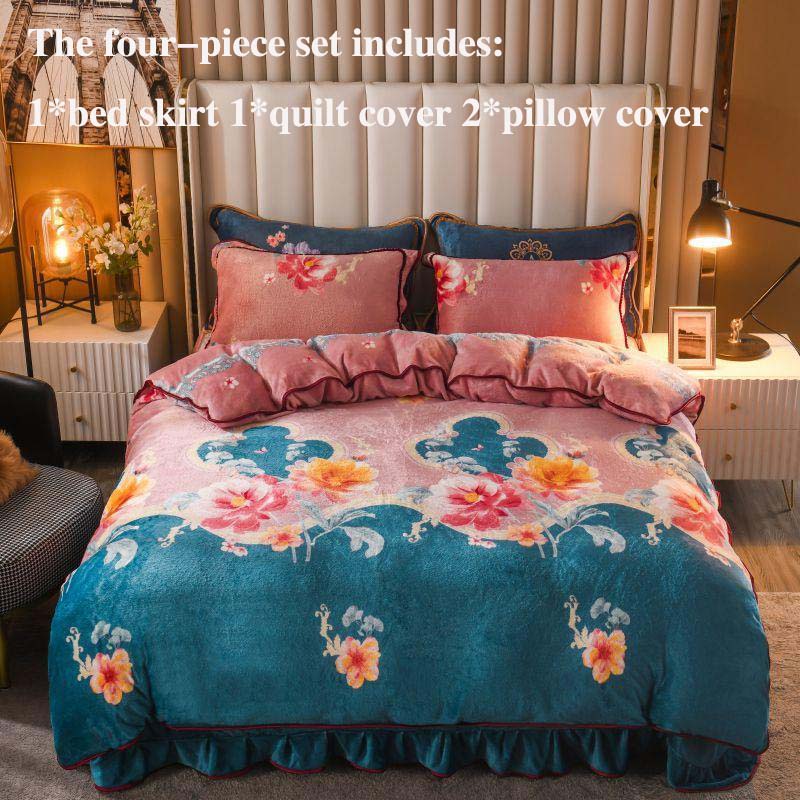 Milk Velvet Bed Skirt Four-piece Quilt Cover Pillowcase Bed Skirt Suit Noble and Light Luxury Style