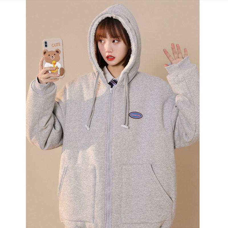 Zipper Cardigan Lamb Plush Hooded Sweater Plus Velvet Thick Winter Loose Jacket Casual Top Comfortable Sports Top Warm Cotton Clothes