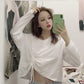 Women Girls Drawstring Long Short Sleeve T-Shirt Solid Long Sleeve O-Neck Casual Tops Tee