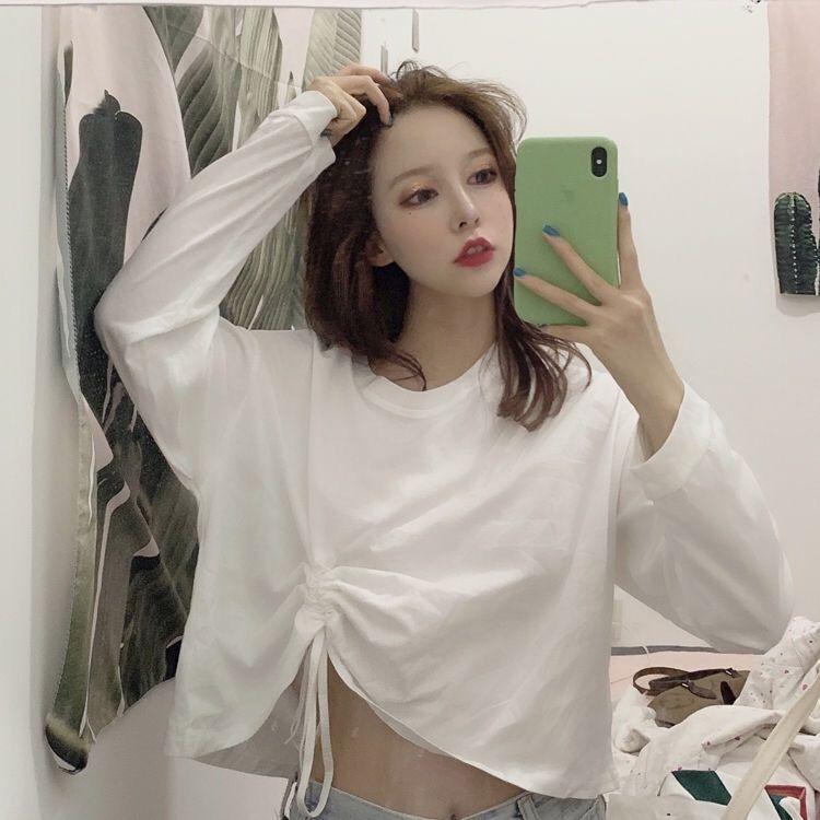 Women Girls Drawstring Long Short Sleeve T-Shirt Solid Long Sleeve O-Neck Casual Tops Tee