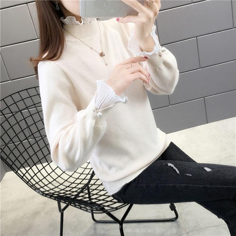 Plus Velvet Thick Warm Sweater Women  Ruffles Lace Stitching Collar Pullover Sweater Short Stretchable Slim Knitwear Jumper