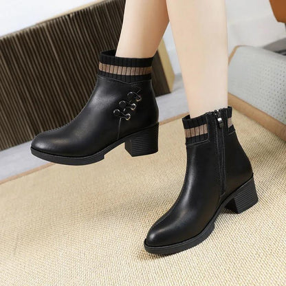 Female Martin Boots Short-tube Winter Plus Velvet Warmth Fashion All-match Mid-heel Cotton Shoes