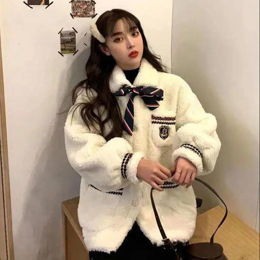 Plus Velvet Thick Cardigan Imitation Lamb Velvet Jacket Women Autumn and Winter Loose Mid-length All-match Blouse Warm Jacket