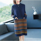 Women's Retro Rhombus Printed Sweater Long Jacquard Knitted Dress Pullover Sweater Dress with Pockets for Bottoming or Outer Wear