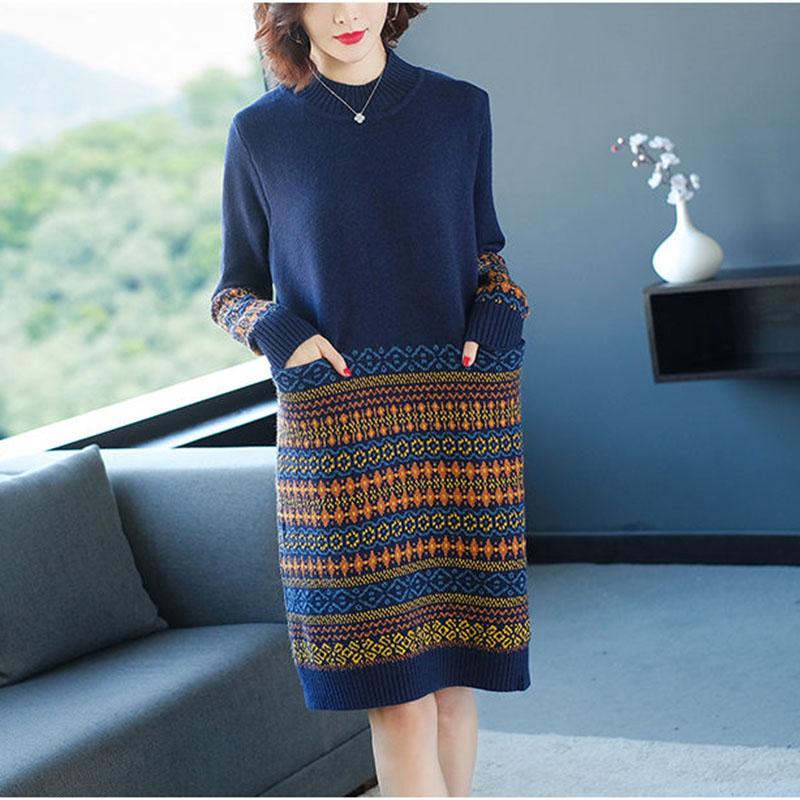 Women's Retro Rhombus Printed Sweater Long Jacquard Knitted Dress Pullover Sweater Dress with Pockets for Bottoming or Outer Wear