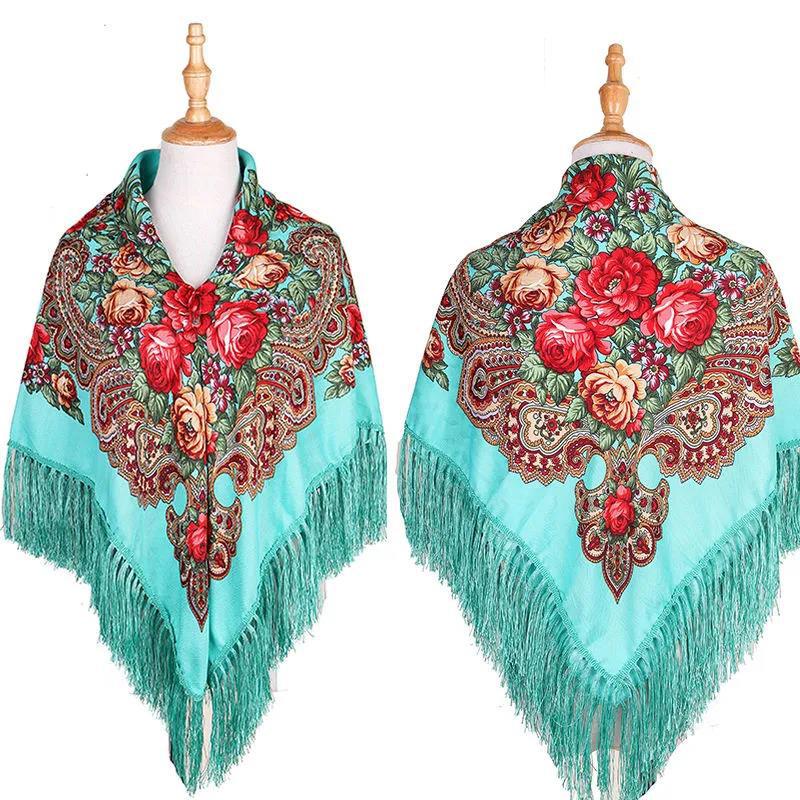 Women's Ethnic Style Square Scarf Printed Shawl Fringed Cotton Scarf Autumn Winter Warm Embroidered Shawl Multifunctional Turban Shawl Scarf 135x135cm