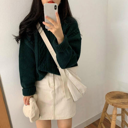 Pofuove Autumn Winter College Wind Twist Round Neck Sweater Girl Student Loose Wild Knitted Top