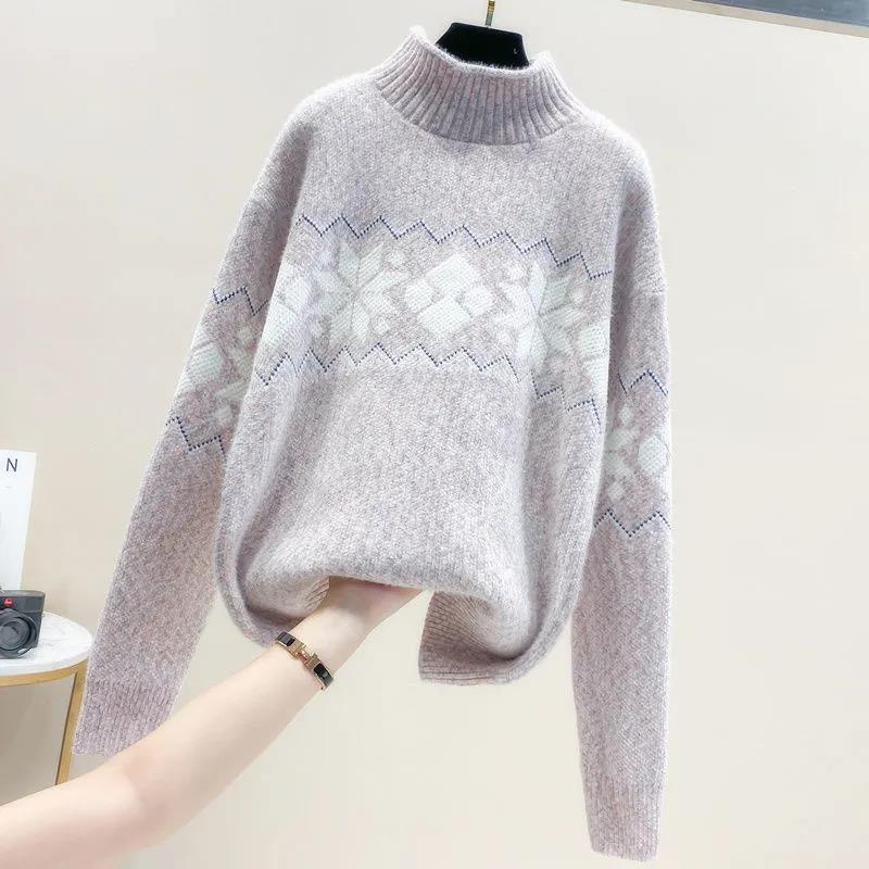 Women's Faux Mink Half Turtleneck Pullover Sweater Snowflake Embroidery Plus Size Sweater